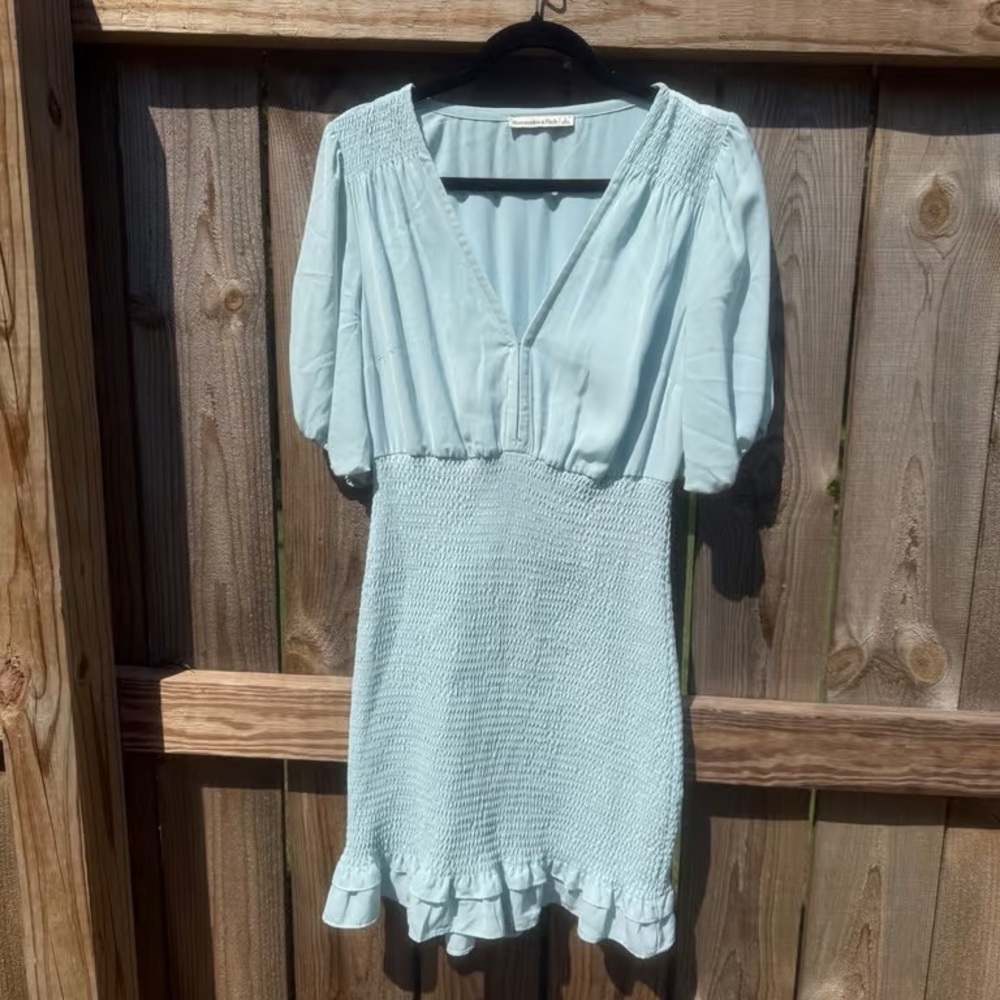 Light Blue Smocked Waist V-Neck Dress